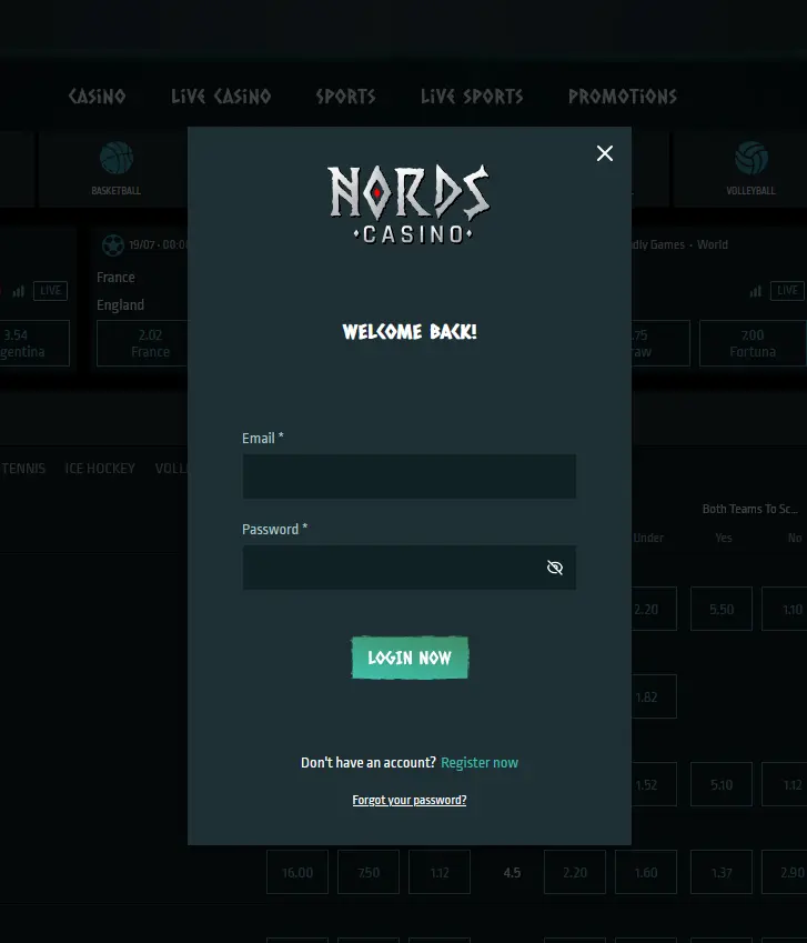 Anmeldeformular von Nords Casino im Browser