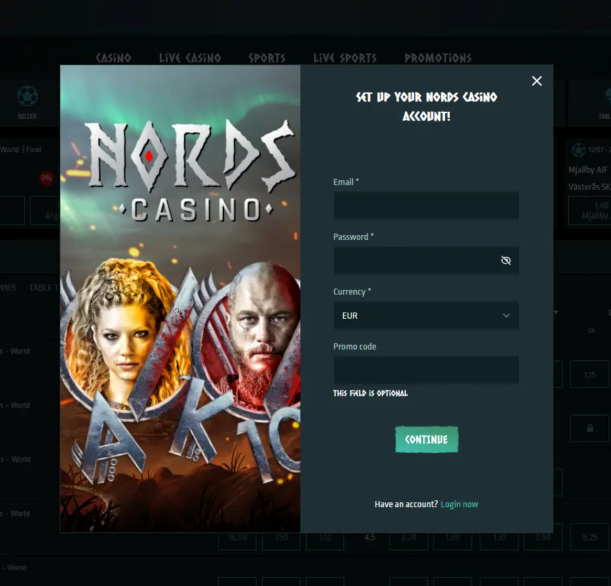Registrierungsformular für ein neues Konto bei Nords Casino